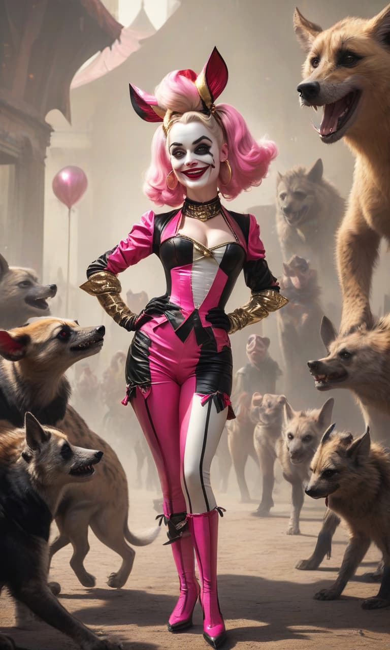  concept art pink, gold, black, white circus margot robbins to the waist in the image of harley quinn in a jester costume two hyena . digital artwork, illustrative, painterly, matte painting, highly detailed, perfect hands