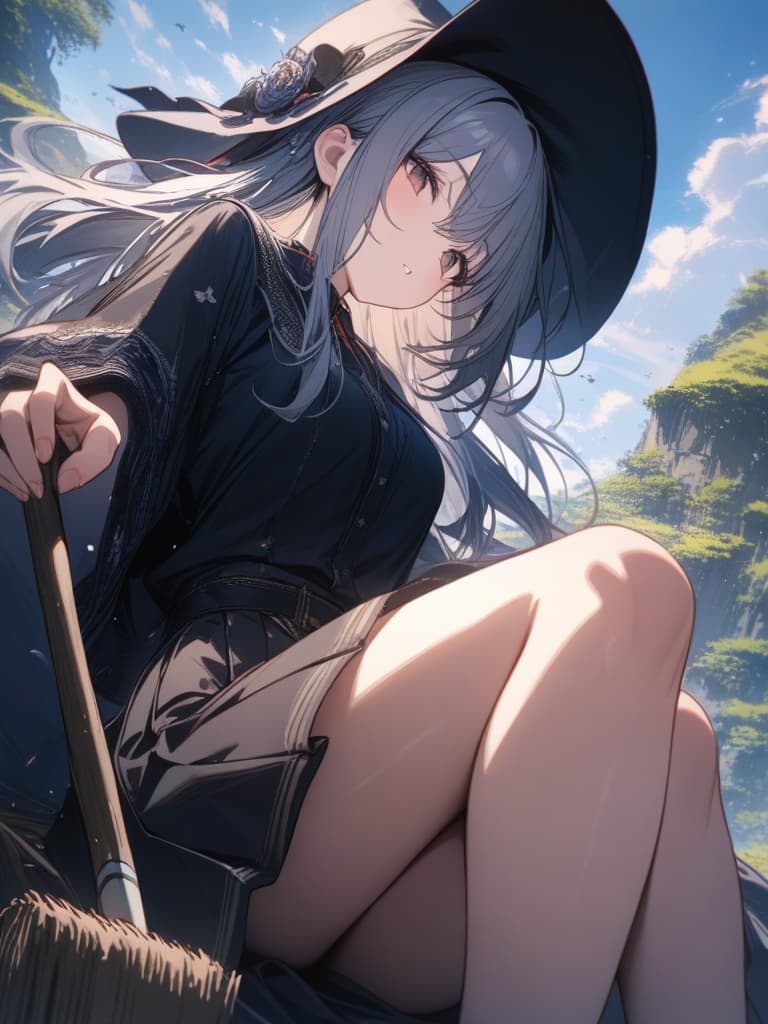  witches, girls, hats, hair fluttering, flying in the sky, sitting with a broom sideways, sitting on a broom, suppressing the sky, background, and hat, masterpiece, best quality,8k,ultra detailed,high resolution,an extremely delicate and beautiful,hyper detail