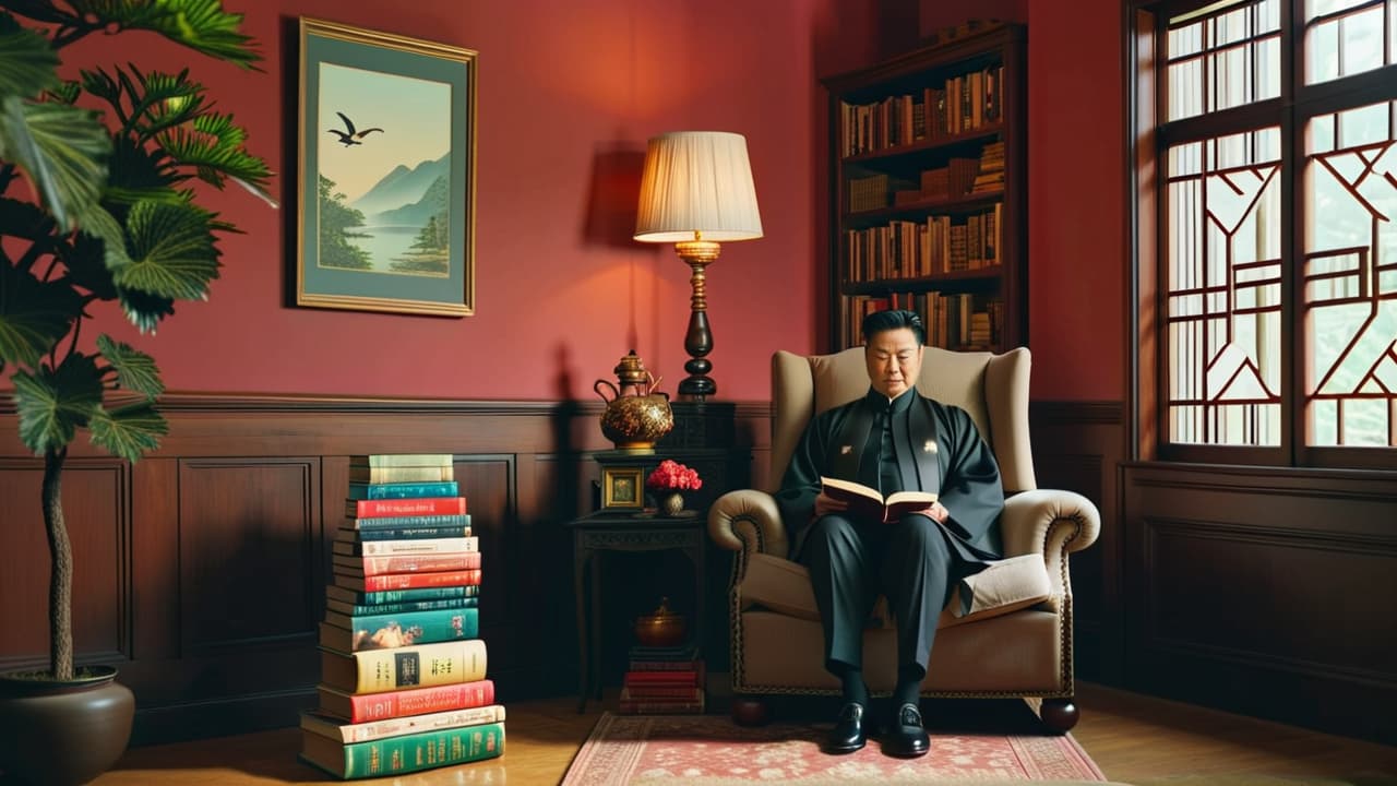  @ image prompt: a visually appealing reading nook featuring a stack of books about china, including titles like "wild swans," "the search for modern china," and "the good earth," surrounded by traditional chinese decor such as calligraphy scrolls, tea sets, and cultural artifacts, creating an inviting atmosphere for exploration and learning. hyperrealistic, full body, detailed clothing, highly detailed, cinematic lighting, stunningly beautiful, intricate, sharp focus, f/1. 8, 85mm, (centered image composition), (professionally color graded), ((bright soft diffused light)), volumetric fog, trending on instagram, trending on tumblr, HDR 4K, 8K