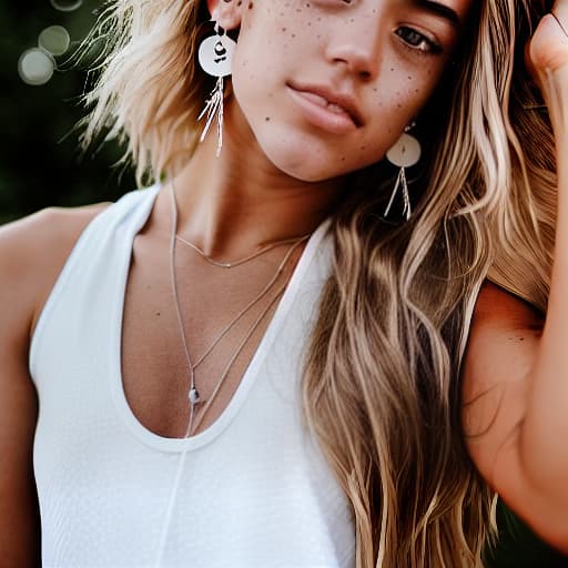  Charly Jordan, a close up of a woman with a white tank top and earrings, white tank top, white halter top, young woman, white long tanktop, broad, beautiful young woman, with dyed hair, beauty mark on cheek, beautiful , a gorgeous , with freckles, cute freckles, wearing a low cut tanktop, beautiful woman