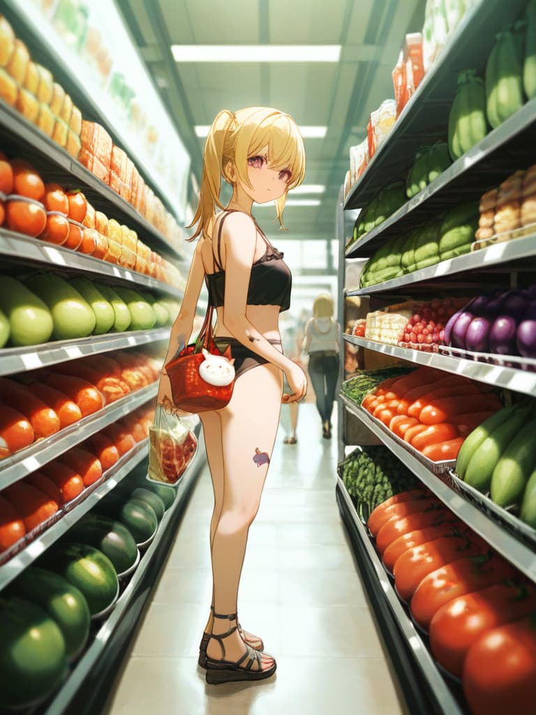  having tomatoes, shopping carts, blonde ponytails, white headphones, pressed shopping carts, snakes on the legs, whole body, walking figure, girl tattoo on arms, shopping carts, eggplant, eggplant, eggplant, eggplant. celery, masterpiece, best quality,8k,ultra detailed,high resolution,an extremely delicate and beautiful,hyper detail