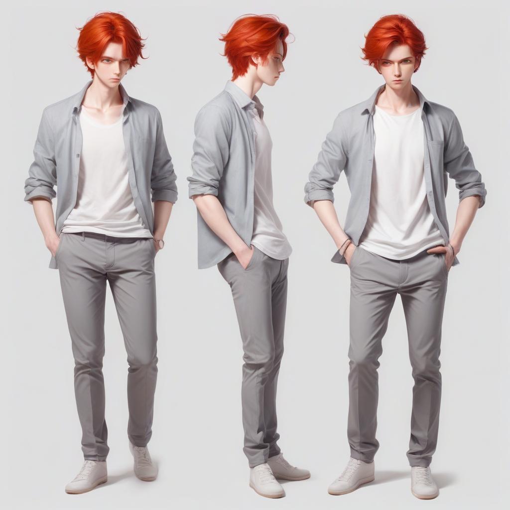  faceless guy with red hair in gray trousers, light shirt with cloths, character, 2 poses on a white background, art, anime style