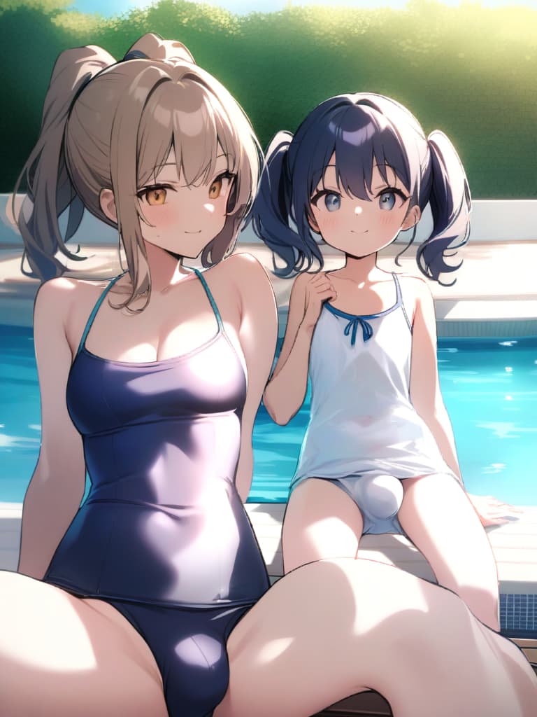  women's elementary students, twin tails, rich smiles, cute smiles, navy blue swimwear, old swimwear, swimwear, simple, male, shaped clear , shaped clear, clear stem, shaped crisp, male bulge,, front. the whole body, pool side,