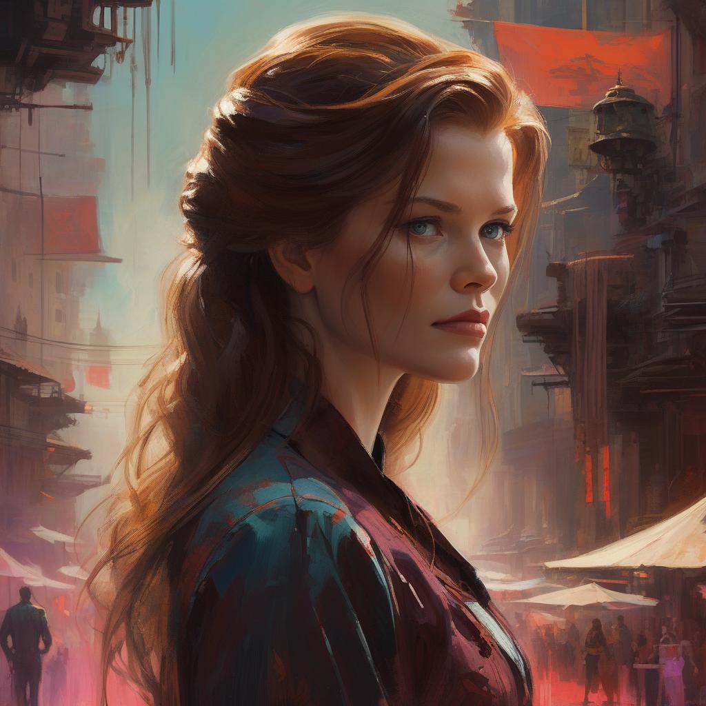  concept art portrait captures young kathryn janeway at 20, long hair flowing, hybrid style merging the meticulous finesse of carne griffith and michael garmash with ivan shishkin's intricate realism, oriental color palette with deep, saturated hues, neon ambient lighting contrasts abstract black oil textures, mecha aesthetic intertwined with detailed acrylic brushwork, grunge elements adding raw atmosphere, . digital artwork, illustrative, painterly, matte painting, highly detailed