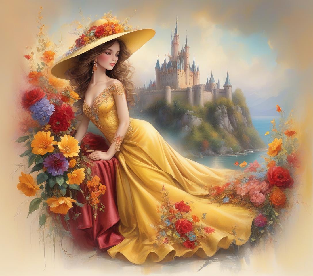  a glamorous woman relaxes amidst vibrant flowers, adorned in an elaborate, jewel embellished gown. her elegant hat contrasts beautifully with the rich colors surrounding her. full body portrait of a beautiful goddess, dressed in a satin intricate turqoise and red dress with golden striped ornaments, she is wearing a big hat with golden and turqoise flowers, she is surrounded by an abundance of big fall colored flowers in yellow, orange, red flowers and behind her is a castle, at with style by thomas kinkade+david a. hardy+carne griffiths+mandy disher, key light reflecting in eyes, perfect composition and lighting, half vivid colors fine art, best quality, high detailed, detailed faces, 2d, flat, cute, adorable, fairytale, storybook detaile