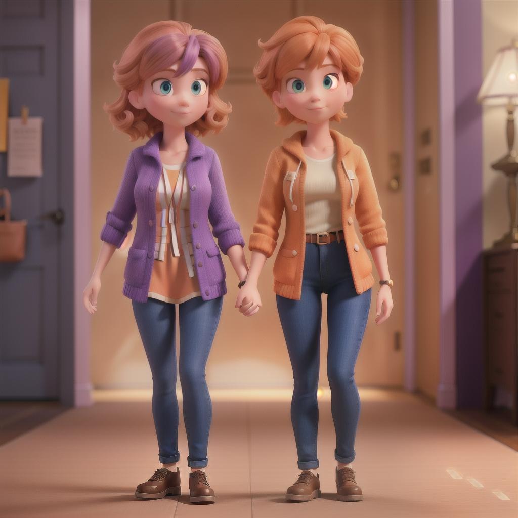  A orange haired girl holding hands with a shorter purple haired boy hyperrealistic, full body, detailed clothing, highly detailed, cinematic lighting, stunningly beautiful, intricate, sharp focus, f/1. 8, 85mm, (centered image composition), (professionally color graded), ((bright soft diffused light)), volumetric fog, trending on instagram, trending on tumblr, HDR 4K, 8K