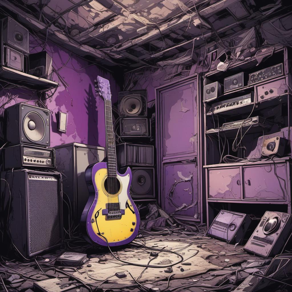  chambre abandonnée en ruine avec une guitare électrique et amplificateur violet , comic style, manga and manhwa style, painting style