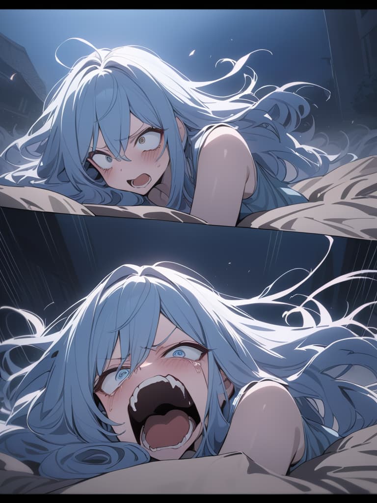  light blue hair, light blue eye, bob hair, darkness, hatred, angry crying, night, end of world, shouting, dug, crazy eyes, masterpiece, best quality,8k,ultra detailed,high resolution,an extremely delicate and beautiful,hyper detail