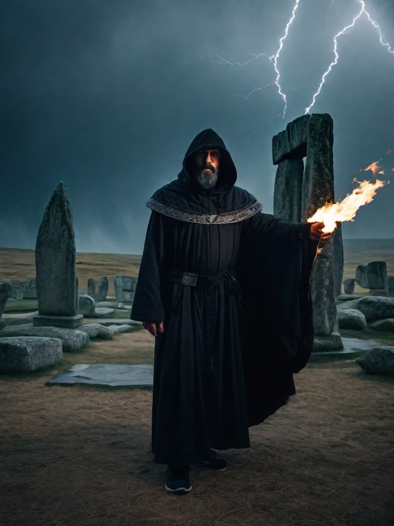  Pagan warlock, facing viewer, wearing a hooded cloak, his face hardened, eyes cold, a scar runs down the left side of his face; standing at an alter, conjuring a fire elemental from within Stonehenge during a thunder and lightning storm