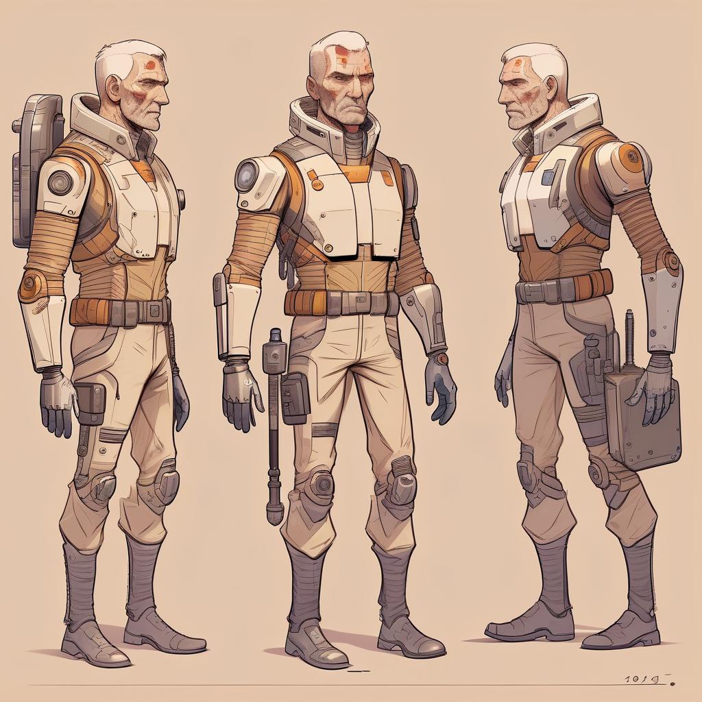  draw a male human character in years of sturdy build, one hand prosthetic, the character lives on a distant colonized planet, a tracker