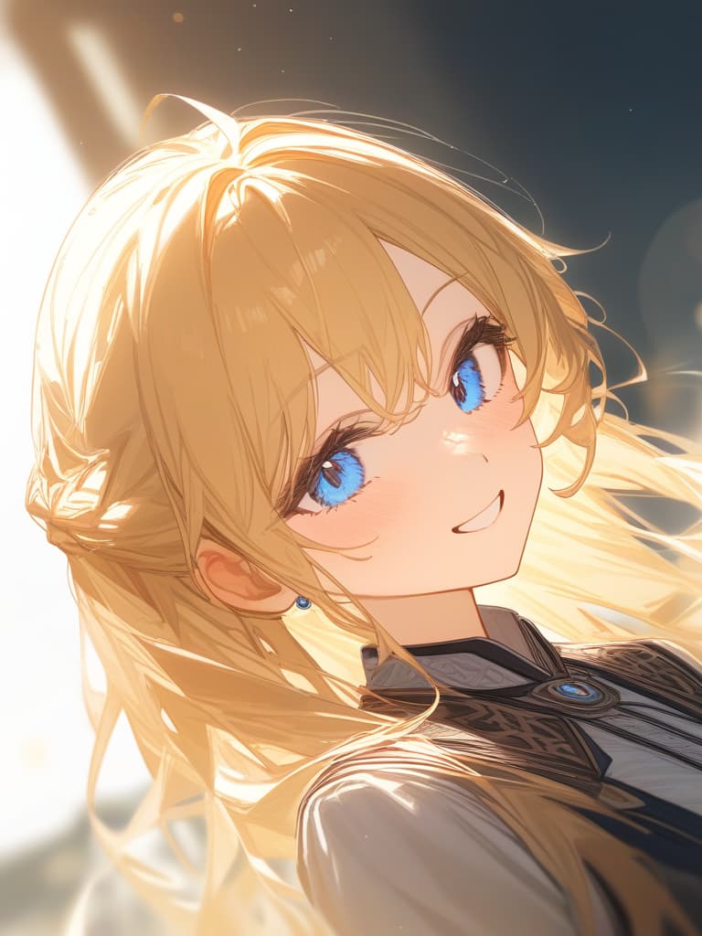  blonde, blue eyes, different world, smile, masterpiece, best quality,8k,ultra detailed,high resolution,an extremely delicate and beautiful,hyper detail