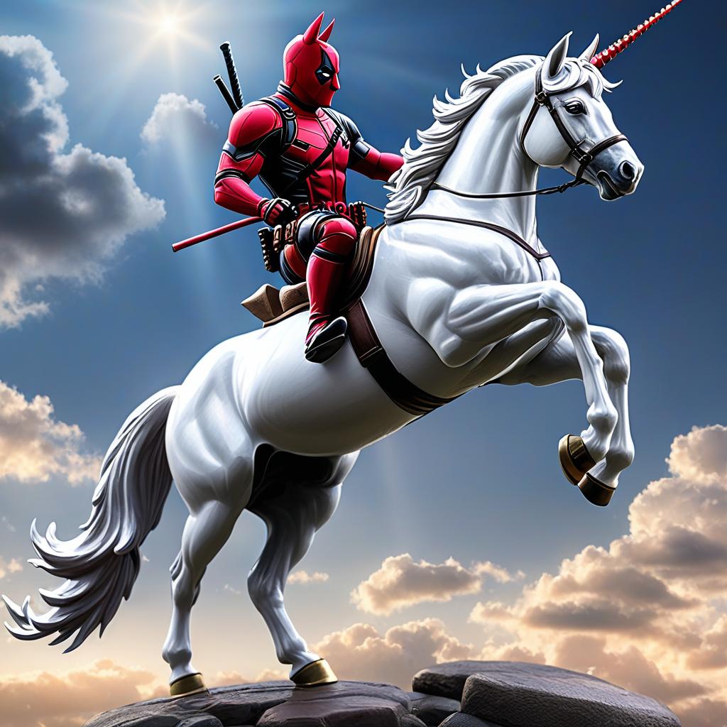  a unicorn is rearing its hind legs as deadpool is flying off the unicorn, award winning, professional, highly detailed, masterpiece