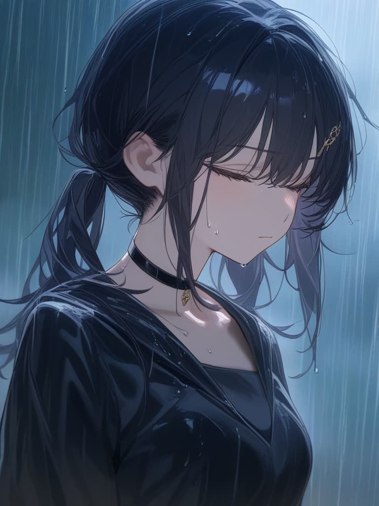   in the rain, black hair, imaginary, jit, raining, raining, tired face, night, water drips on hair, black hair, beautiful rain, face close to you, close your eyes, you want to die. wished, pierced, hairpin, choker, black hair side tail, black hair twin tail, masterpiece, best quality,8k,ultra detailed,high resolution,an extremely delicate and beautiful,hyper detail