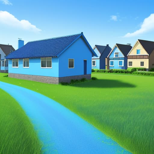  Background image, blue background, sky, grass, houses,