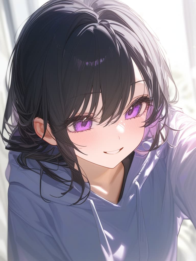  purple eyes, black hair long, pink mesh, smile, hoodie, masterpiece, best quality,8k,ultra detailed,high resolution,an extremely delicate and beautiful,hyper detail