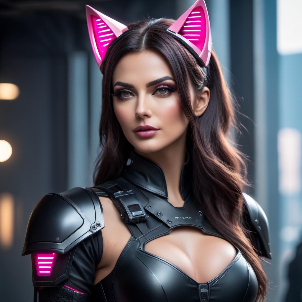   hdr photo of cyberpunk brunette hair woman with pink details in black armor and cat ears. . high dynamic range, vivid, rich details, clear shadows and highlights, realistic, intense, enhanced contrast, highly detailed, oil painting hyperrealistic, full body, detailed clothing, highly detailed, cinematic lighting, stunningly beautiful, intricate, sharp focus, f/1. 8, 85mm, (centered image composition), (professionally color graded), ((bright soft diffused light)), volumetric fog, trending on instagram, trending on tumblr, hdr 4k, 8k hyperrealistic, full body, detailed clothing, highly detailed, cinematic lighting, stunningly beautiful, intricate, sharp focus, f/1. 8, 85mm, (centered image composition), (professionally color graded), ((bright soft diffused light)), volumetric fog, trending on instagram, trending on tumblr, HDR 4K, 8K