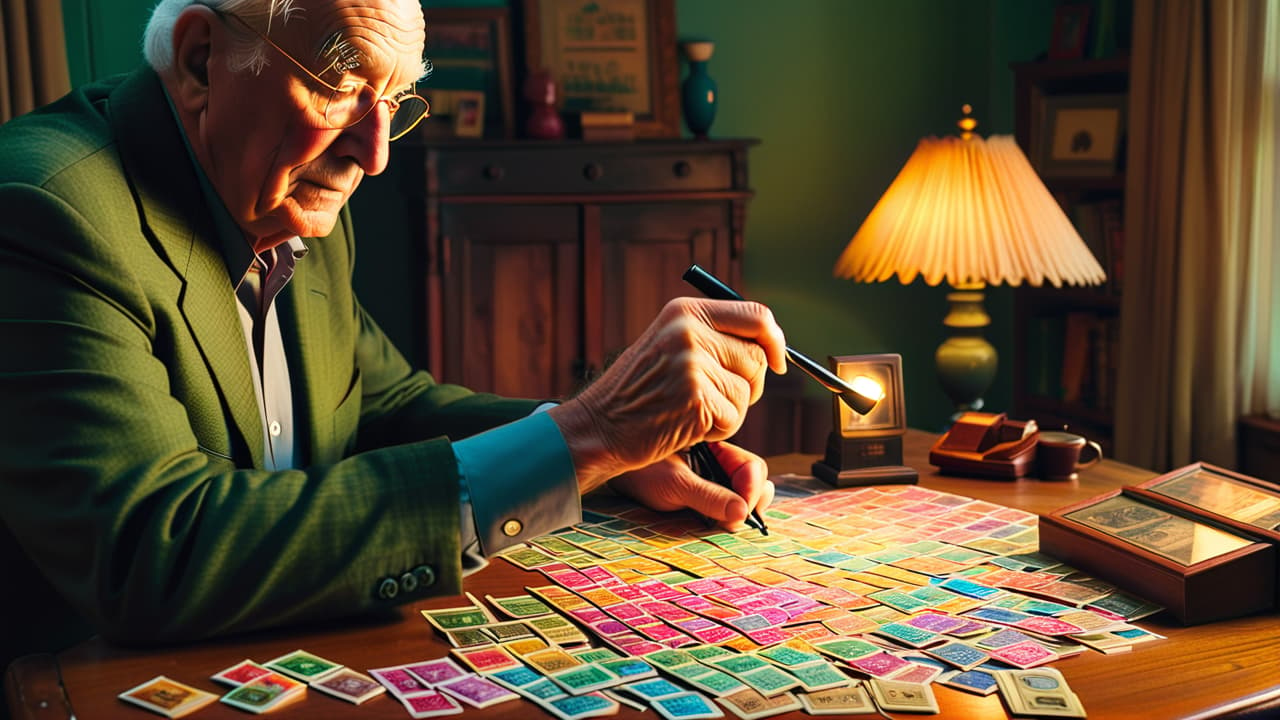  a cozy living room scene with an elderly man sorting colorful stamps on a wooden table, surrounded by vintage stamp albums, a magnifying glass, and a warm glow from a nearby lamp, evoking nostalgia and passion. hyperrealistic, full body, detailed clothing, highly detailed, cinematic lighting, stunningly beautiful, intricate, sharp focus, f/1. 8, 85mm, (centered image composition), (professionally color graded), ((bright soft diffused light)), volumetric fog, trending on instagram, trending on tumblr, HDR 4K, 8K