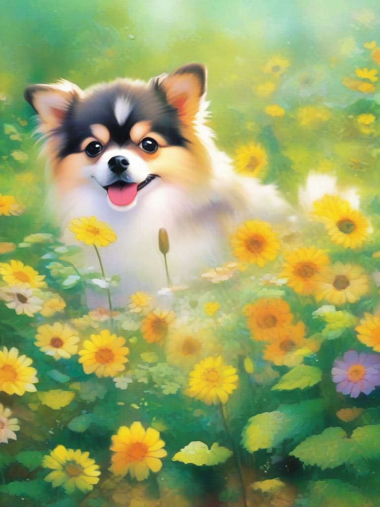  (jigsaw puzzle like screen,composition)(each piece is clearly separated by white,each piece is large) master piece (1 cute dog,pomeranian)(jigsaw puzzle like composition)(1 piece missing,white out) super analysis,high quality,8k