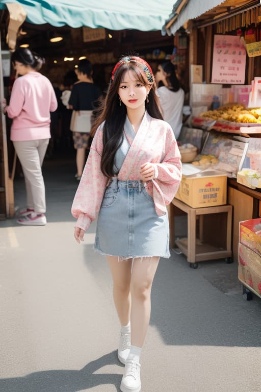  **a full body image of a korean girl with long hair and vibrant hair clips, walking through a traditional market, her eyes sparkling with curiosity, advertising photo,high quality, good proportion, masterpiece , the image is captured with an 8k camera