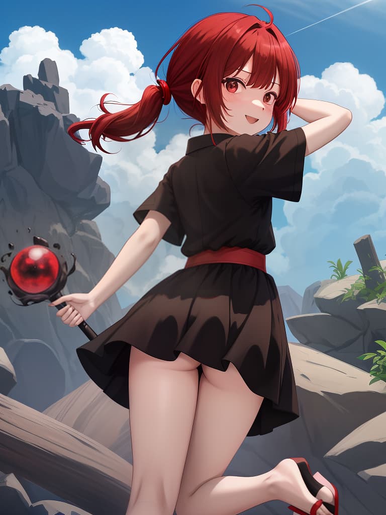  kiki (majo no takkyuubin) lori black shirt bottomless botto hairbreath hair red red hair band sandal shirt short sleeve black eye dairy dairy brown brown brown clear crotch; d. viewpoint from behind camera looking at the opening of the face winking at viewer spellcaster witch cloud mited visibility content high resolution