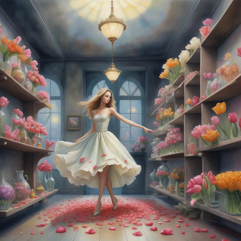  surrealist art (watercolor: 1,4) (flower shop: 1,4)there are many different colors in vases on the shelves and on the floor. in the center there are many flowers holding hands in the image of people dancing a magic dance. (dressed in dresses made of rose petals and tulips: 1.4 ) the atmosphere of a wonderful fairy tale, holiday, magic. night, surrealism . dreamlike, mysterious, provocative, symbolic, intricate, detailed, hkmagic