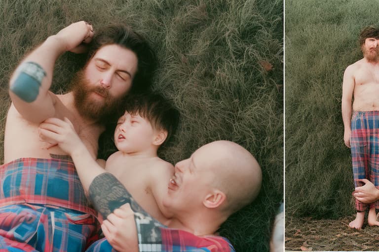 analog style Father kissing young son incest, plaid boxers, hugging, tongue kiss