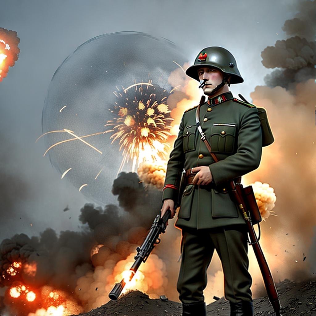  masterpiece, best quality, first world war, soldier, helmet, explosions