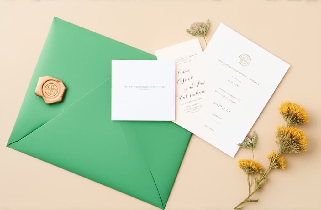  flat lay wedding invitation cards, green envelope with seal wax stamp, dried flowers on pastel beige background. wedding stationery set top view. ar 3:2 {prompt}, maximum details