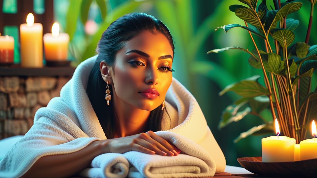  a serene spa scene featuring a model applying natural skincare products, surrounded by lush greenery, soft towels, and glowing candles, with close up textures of healthy, radiant skin and organic ingredients like coconut oil and lavender. hyperrealistic, full body, detailed clothing, highly detailed, cinematic lighting, stunningly beautiful, intricate, sharp focus, f/1. 8, 85mm, (centered image composition), (professionally color graded), ((bright soft diffused light)), volumetric fog, trending on instagram, trending on tumblr, HDR 4K, 8K