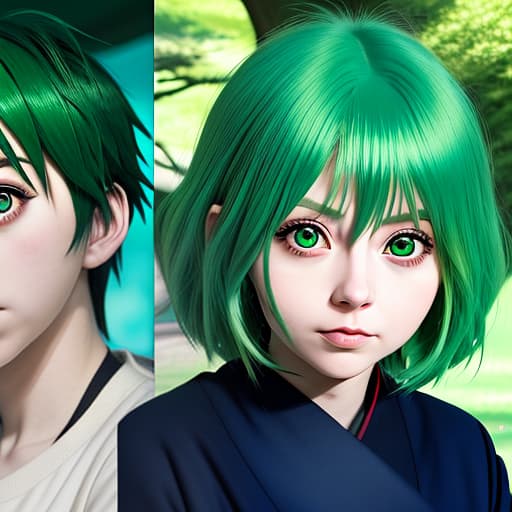  girl with green hair, portrait format, in anime style, manga big eyes expressive faces colorful hair hayao miyazaki masashi kishimoto makoto shinkai clamp yoshiyuki sadamoto