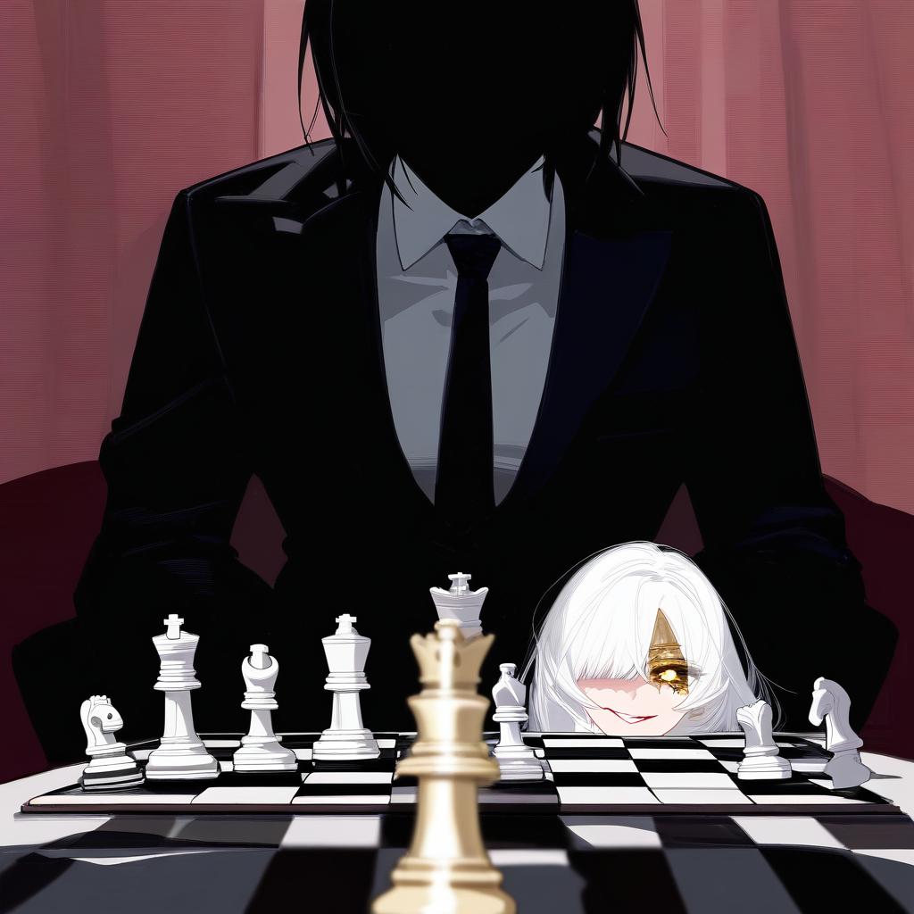  beutiful long white hair anime woman with shadows hiding face, sitting in front of a table with a chess set on it,an evil smile on her face and only 1 gold eye is visible, black suit and tie . best quality, high resolution