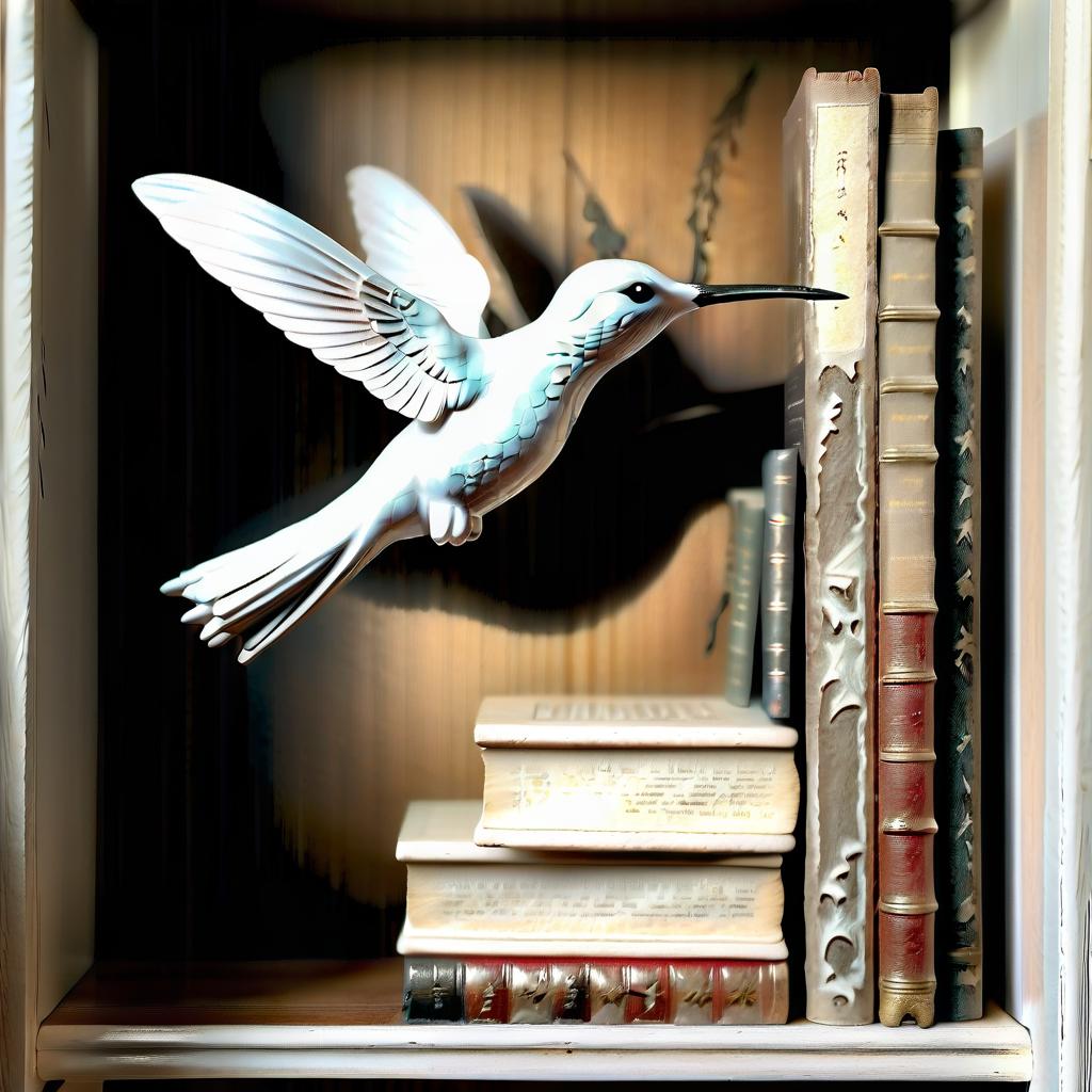  hyperrealistic art a glossy white hummingbird statuette stands on a wooden shelf with ancient books . extremely high resolution details, photographic, realism pushed to extreme, fine texture, incredibly lifelike, film photography style