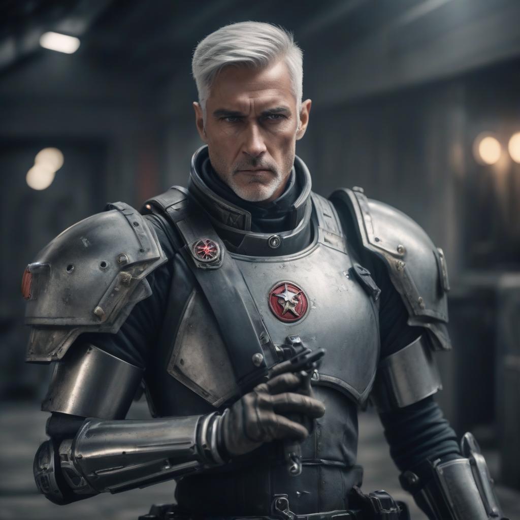  cinematic film still cyborg whith cybernetic arm, officer of the imperial guard from warhammer 40,000, with gray hair and burns on his face and boltpistol in his arm . shallow depth of field, vignette, highly detailed, high budget, bokeh, cinemascope, moody, epic, gorgeous, film grain, grainy