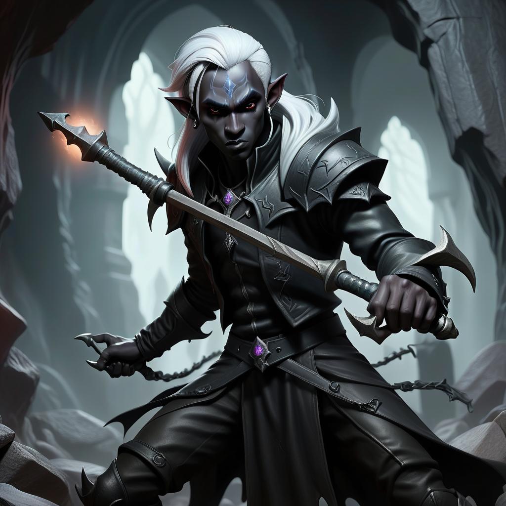  macabre style drow male elf cleric, simble plain black leather jacket, simple iron battle mace, dark cave temple . dark, gothic, grim, haunting, highly detailed, civitai, hkmagic