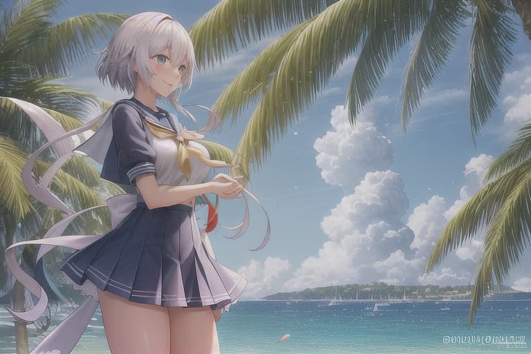  &quot;A seaside scene. Two female students are standing on the beach. One of them has short hair. They are wearing uniforms and are laughing happily. In the background, there is a blue sea and sky, and some palm trees. The overall atmosphere is bright and cheerful.&quot; With instructions like these, the AI should be able to generate the desired scene properly. If you want to provide more detailed instructions, you can also add elements such as: Details of the s&#39; outfits (e.g. sailor suits, color, etc.) Specific actions they are taking (e.g. holding hands, picking up shells, etc.) Time of day (e.g. dusk, midday, etc.) Weather (e.g. sunny, partly cloudy, etc.) hyperrealistic, full body, detailed clothing, highly detailed, cinematic lighting, stunningly beautiful, intricate, sharp focus, f/1. 8, 85mm, (centered image composition), (professionally color graded), ((bright soft diffused light)), volumetric fog, trending on instagram, trending on tumblr, HDR 4K, 8K
