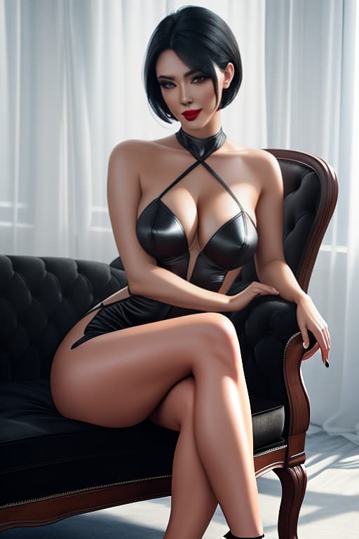  1 , 4k, high quality photo, , , lascivious pose, slit dress, transparent dress, , beautiful face, dark makeup, black hair, short hair, very light gray eyes, thin eyebrows, carmine lipstick, smile , transparent dress, very large s, pointed s, , pumps, sitting in an armchair hyperrealistic, full body, detailed clothing, highly detailed, cinematic lighting, stunningly beautiful, intricate, sharp focus, f/1. 8, 85mm, (centered image composition), (professionally color graded), ((bright soft diffused light)), volumetric fog, trending on instagram, trending on tumblr, HDR 4K, 8K