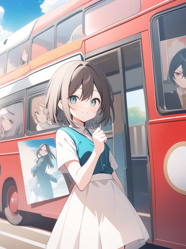  a woman standing in front of a double decker bus,a picture,shin hanga,he is greeting you warmly,ruan cute vtuber,photo render,film still promotional image,of a youthful japanese girl,switch,with short hair,haibane renmei,shining and happy atmosphere,bright happy atmosphere,again and again,charming smile