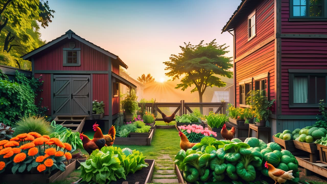  a vibrant urban garden with a variety of vegetables, chickens pecking in a small coop, colorful flower beds, and a rustic wooden shed, all set against a backdrop of high rise buildings and bustling streets. hyperrealistic, full body, detailed clothing, highly detailed, cinematic lighting, stunningly beautiful, intricate, sharp focus, f/1. 8, 85mm, (centered image composition), (professionally color graded), ((bright soft diffused light)), volumetric fog, trending on instagram, trending on tumblr, HDR 4K, 8K