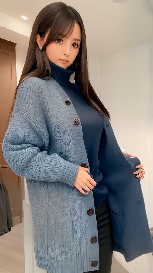  A woman with long straight brown hair wearing a sweater with one dark blue button that makes the room cool and cold