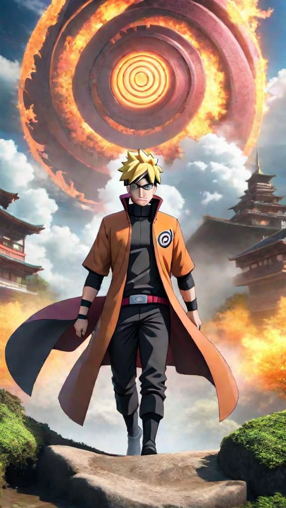  anime art: boruto uzumaki unveils the untapped potential of his mysterious jougan eye, bridging human and otsutsuki realms. hyperrealistic, full body, detailed clothing, highly detailed, cinematic lighting, stunningly beautiful, intricate, sharp focus, f/1. 8, 85mm, (centered image composition), (professionally color graded), ((bright soft diffused light)), volumetric fog, trending on instagram, trending on tumblr, HDR 4K, 8K