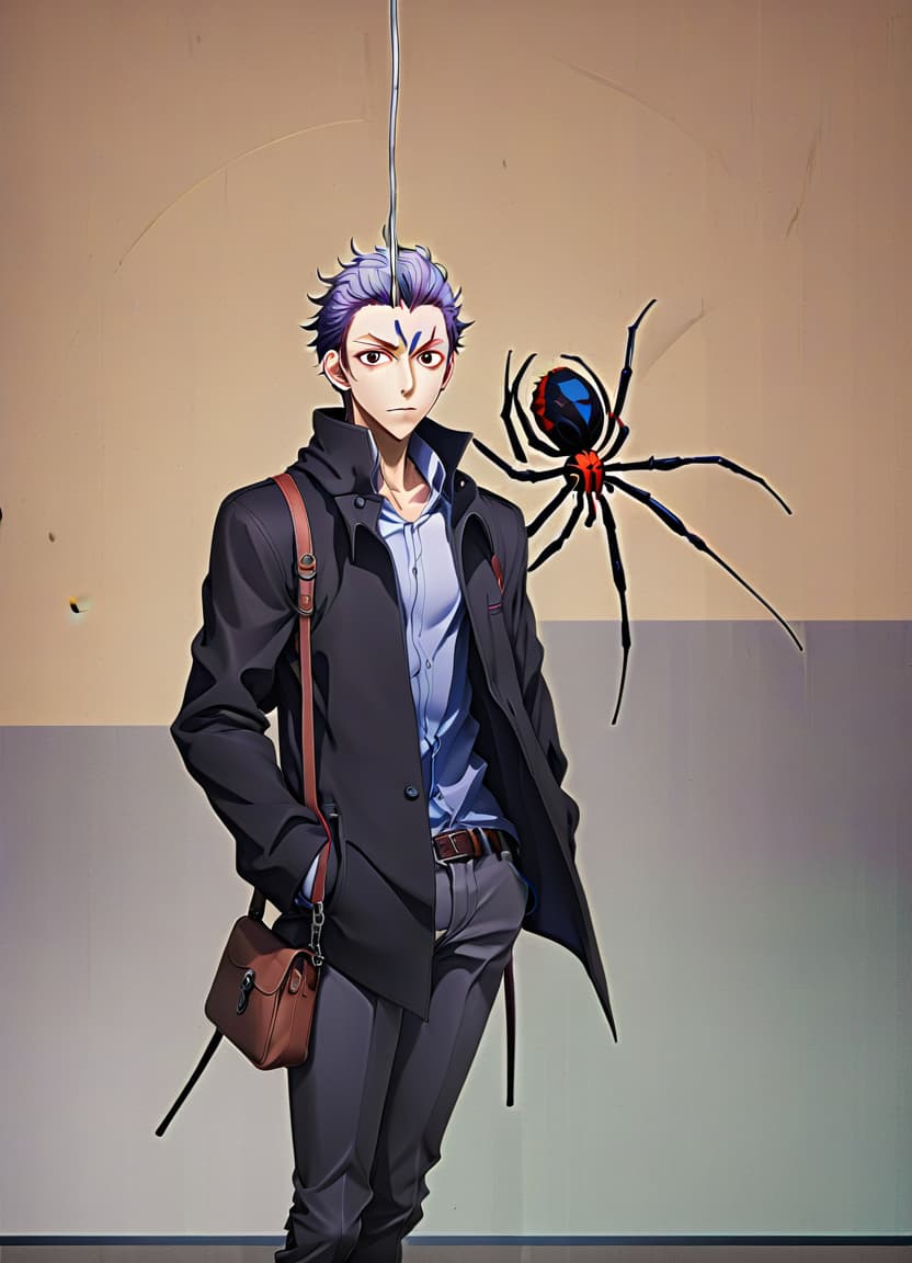  anime artwork make him a man with the lower half of a spider's body . anime style, key visual, vibrant, studio anime, highly detailed