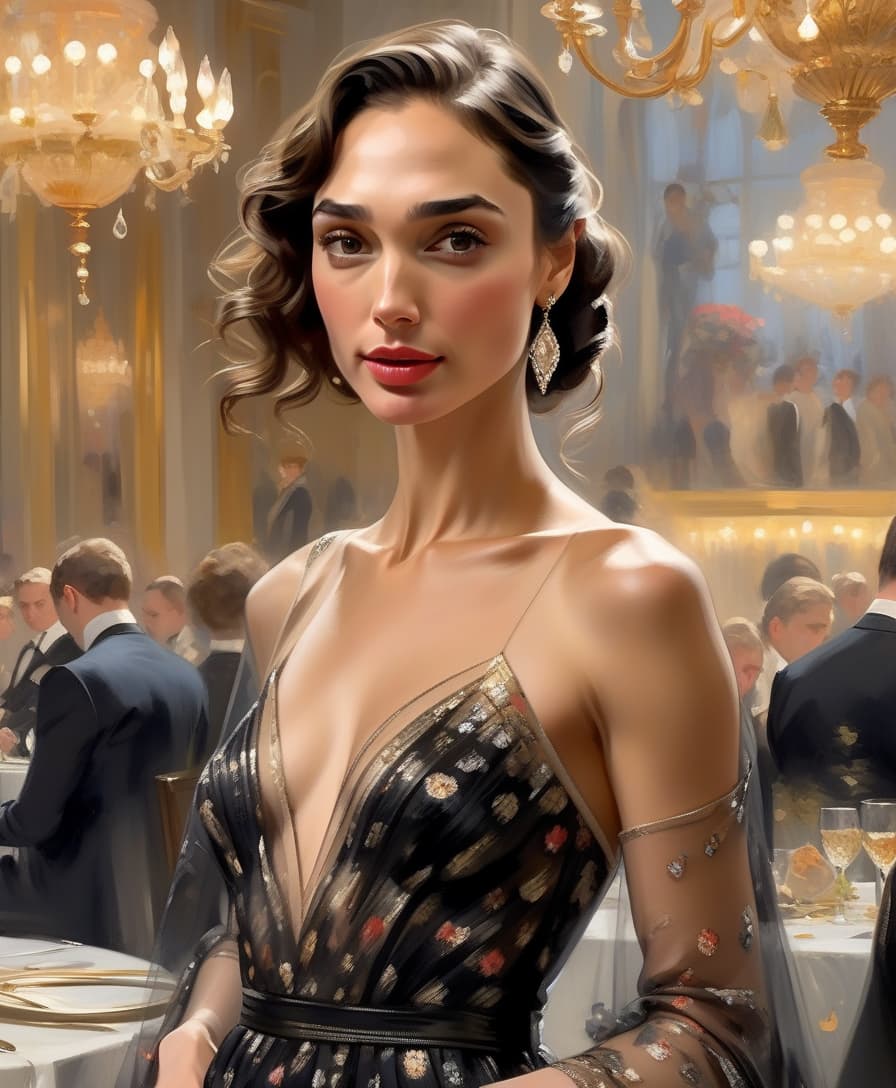  an elegant woman ((gal gadot)) in a transparent dress and at a chic reception. charming, the works of konstantin razumov, "black outfit", "shabby chic", "fine art", klimt and mucha, the works of serge marshennikov keep the face the same, just increase the size of the image.