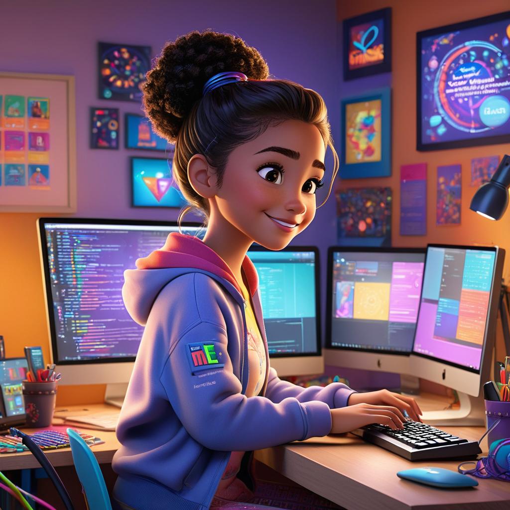  in 3d animated movie style. disney pixar style. alisha, a 10 s with a pion for coding and web development, dressed in casual modern clothing. high resolution, pixar 3d animated film style. alisha sitting at her desk in her cozy bedroom, surrounded by computer screens displaying lines of code and colorful web design examples. soft, warm light filling alisha's bedroom, accentuating the brightness of her computer screens and the colorful designs on them. a dynamic side view showing alisha's focused expression as she types on the keyboard, with a glimpse of her enthusiastic smile indicating her enjoyment of coding.