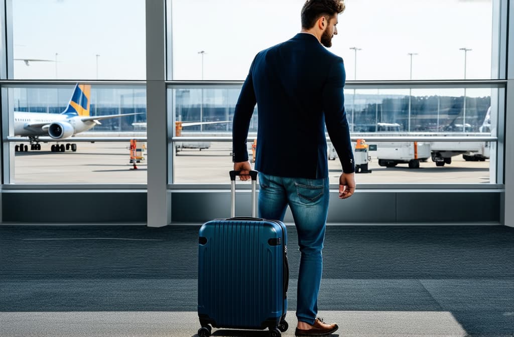  professional detailed photography, handsome man with suitcase at airport near window getting ready for vacation ar 3:2, (muted colors, dim colors, soothing tones), (vsco:0.3)