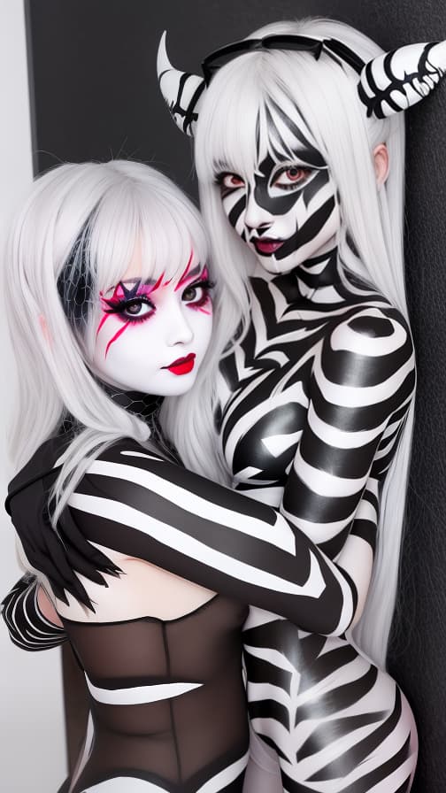  Black and White Spider-patterned body paint in every corner of the whole body, full-body, White body paint,Silver face paint on the face,Two succubuses 女の子