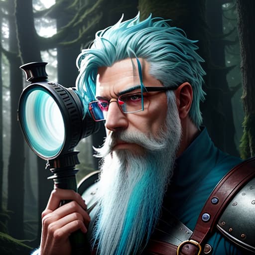  male genasi of water with pale blue hairs, pale blue beard and monocular on eye, Overland fantasy woodland map, such as a map, a font that is modern and easy to read hyperrealistic, full body, detailed clothing, highly detailed, cinematic lighting, stunningly beautiful, intricate, sharp focus, f/1. 8, 85mm, (centered image composition), (professionally color graded), ((bright soft diffused light)), volumetric fog, trending on instagram, trending on tumblr, HDR 4K, 8K
