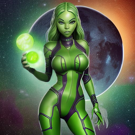  Charly Jordan as a green-skinned humanoid female from another galaxy, full body, erotic