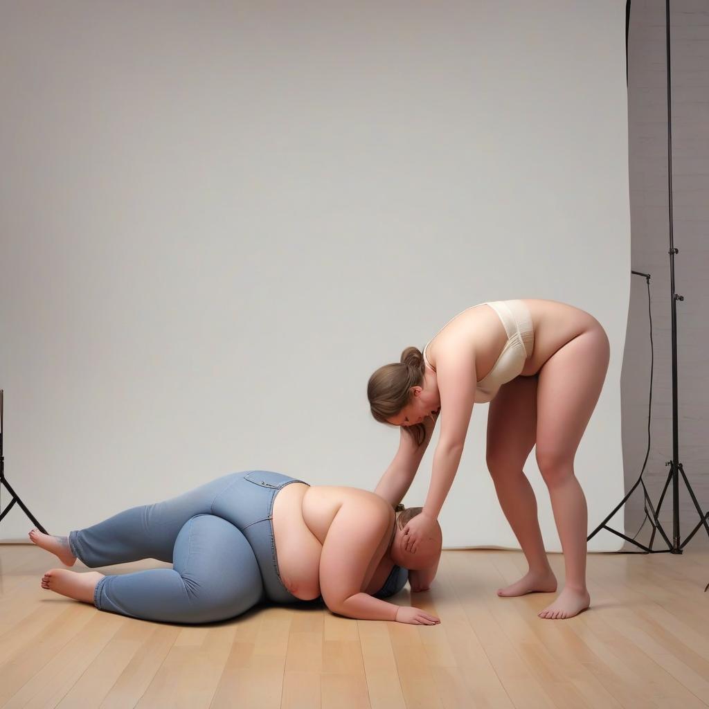  the fat fainted while posing in a photo studio, and lies unconscious on the floor, and her friend bent over her and tries to bring her to her senses.