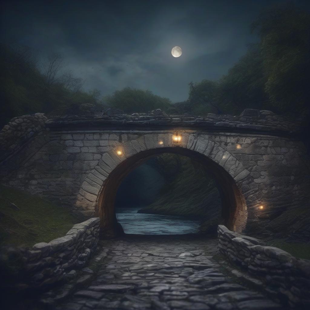  cinematic film still night. the ruins of an ancient stone bridge illuminated by mystical moonlight. . shallow depth of field, vignette, highly detailed, high budget, bokeh, cinemascope, moody, epic, gorgeous, film grain, grainy