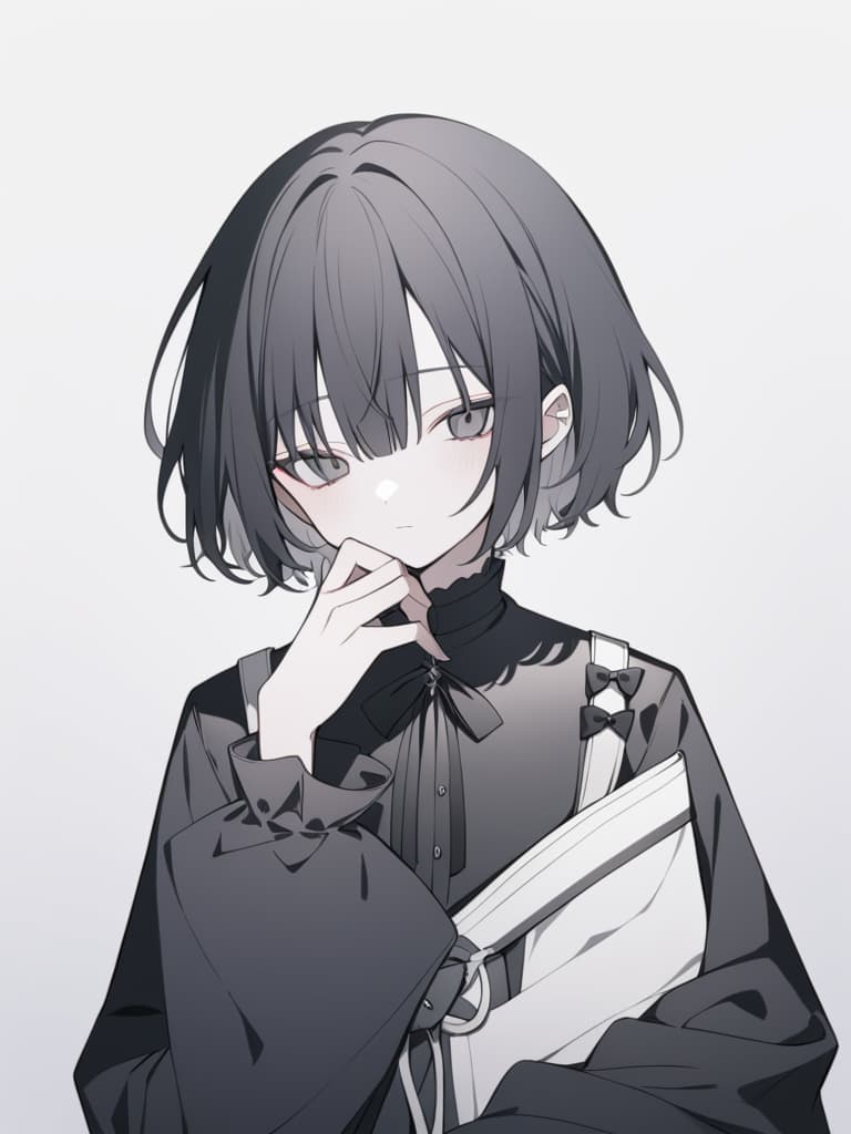  "a male 'jirai kei' character with black hair,wearing dark clothing,covering part of his face with one hand. the character has a mysterious and delicate appearance,with slightly messy short hair,black clothing with subtle silver accessories,and a melancholic expression. no red elements. the background is simple and does not distract from the character's dark,moody aesthetic."